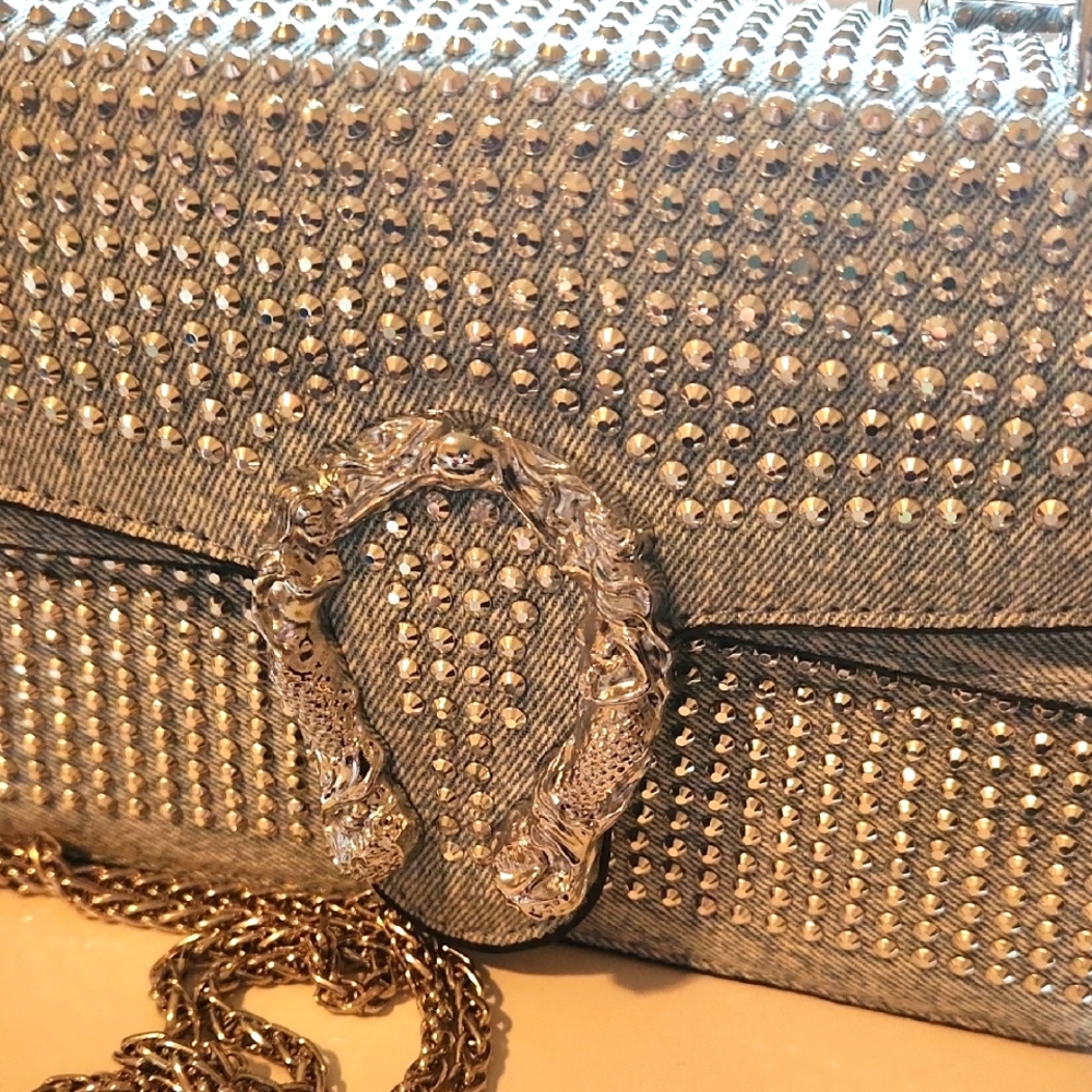 Studded Denim and Silver Women's Bag